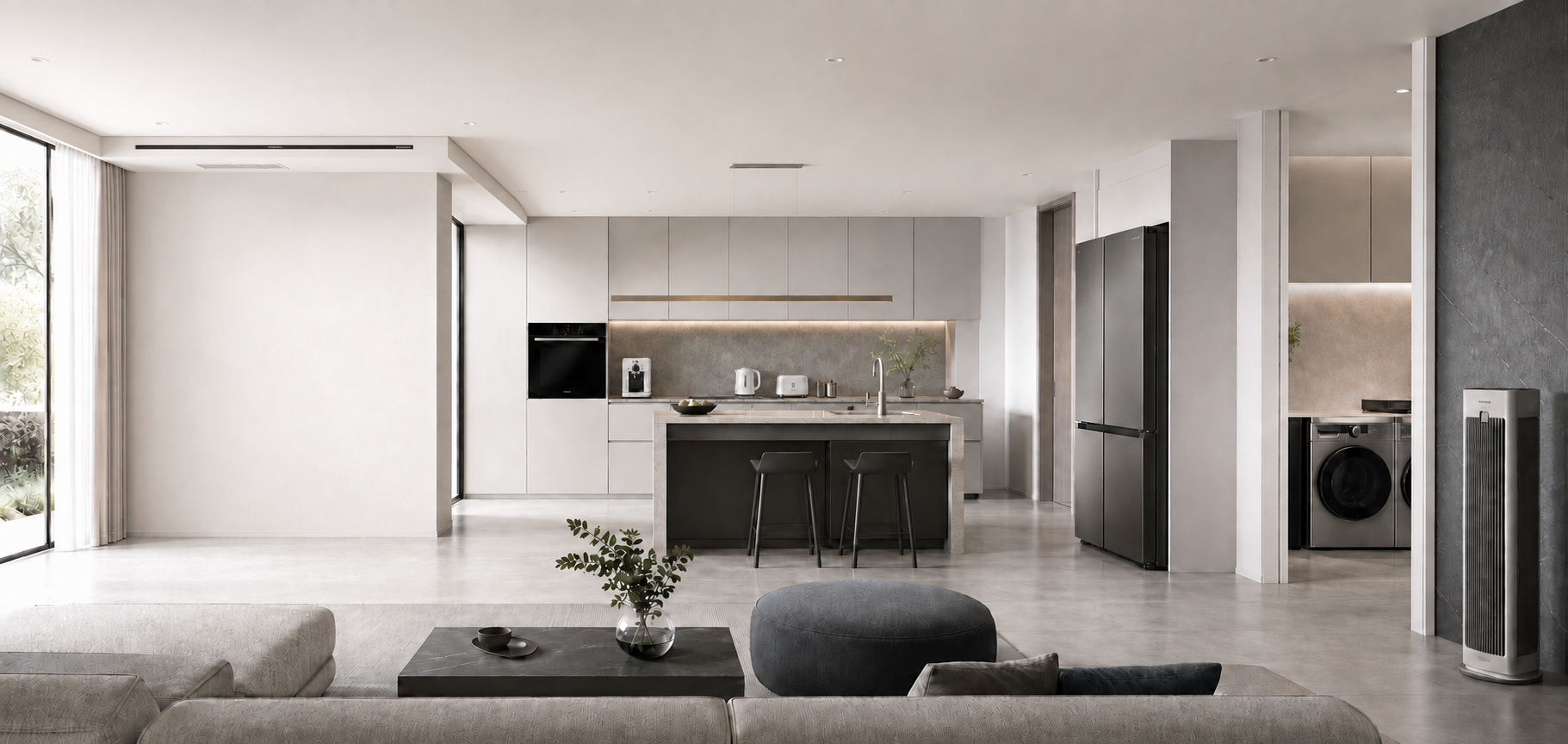 A calm modern home with concealed ducted air conditioning and integrated HYUNDAI appliances