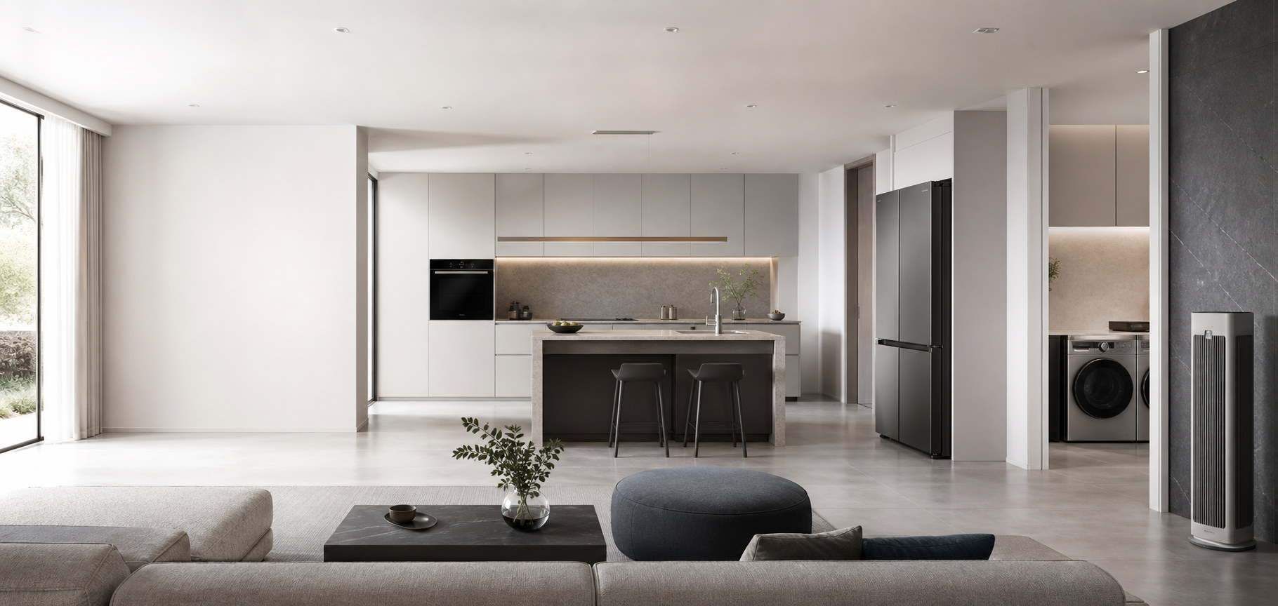 A calm modern home integrating kitchen, laundry and air-treatment appliances