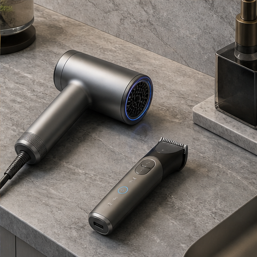 Minimal realistic personal care appliances on a refined vanity